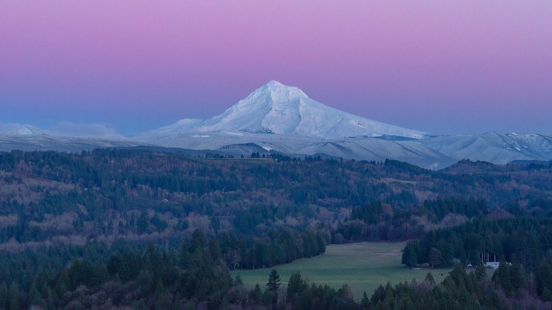 woods around a snowy mountain under a purple sky, white mountain and purple sky 4k