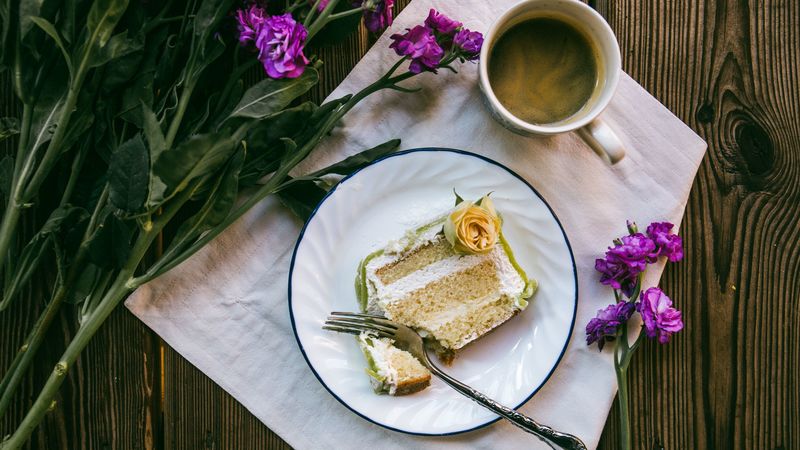 cake, coffee, flowers, 4k