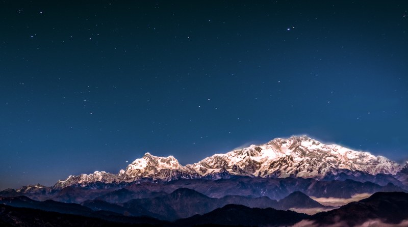 snow covered mountains at kanchenjunga south peak during a starry night sky, kanchenjunga south peak 4k
