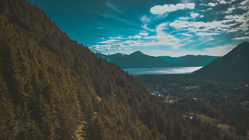 mountains, lake, trees, sky, 4k