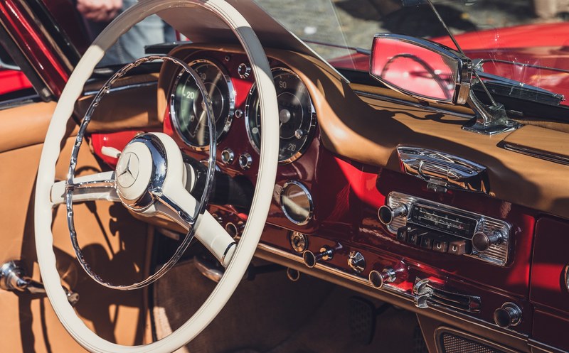 car vintage steering wheel and dashboard 4k