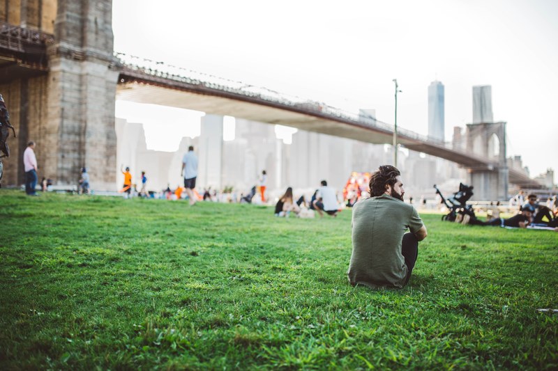 people relaxing on a lawn near the brooklyn bridge, man in brooklyn park 4k