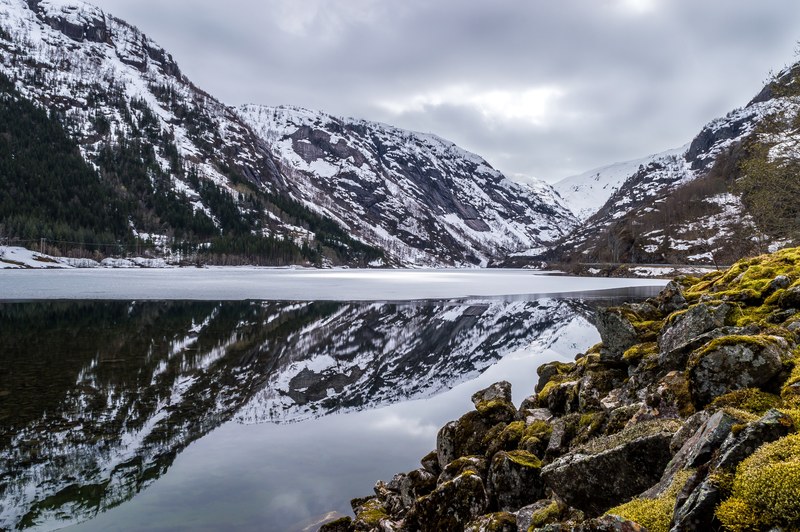 snowy mountains on a cloudy day reflected in a glassy melting lake, mountains reflect in lake 4k