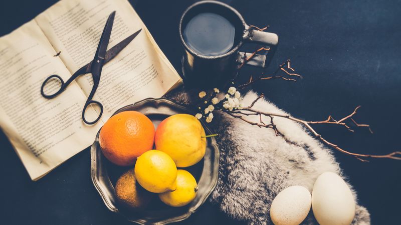 fruit, book, scissors, mug, 4k