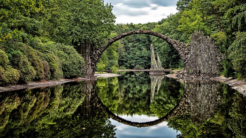 bridge, arch, trees, river, reflection, 4k