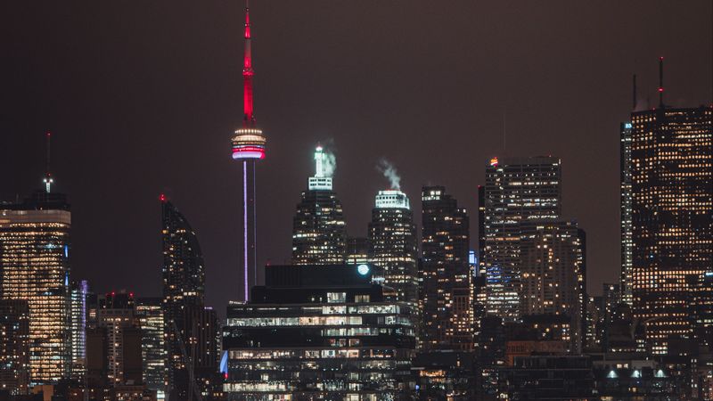 night city, tower, glow, road, 4k