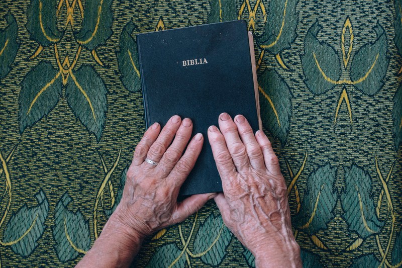 two elderly hands touching a romanian bible placed on a green leaf print, _two hands on a bible 4k