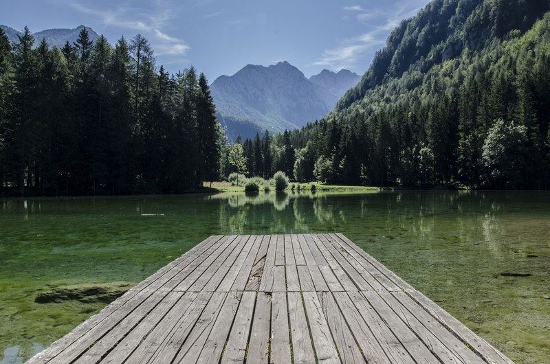 wooded slopes rolling down to a green lake with a wooden jetty in the foreground, morning on a lake jetty 4k