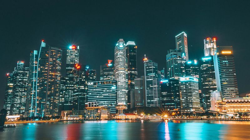 skyscrapers, buildings, night city, beach, 4k