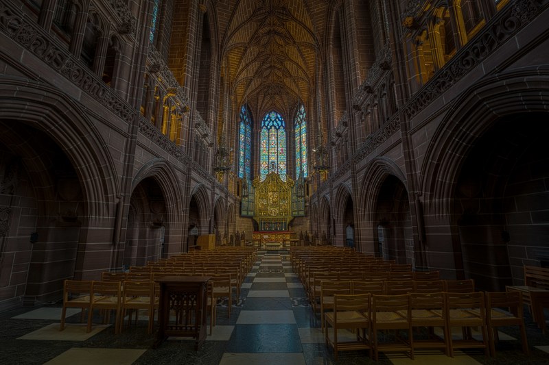 an empty dimly lit catherdral in liverpool, liverpool cathedral 4k