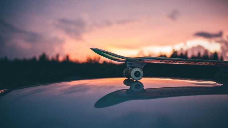 skateboard, sunset, sky, 4k