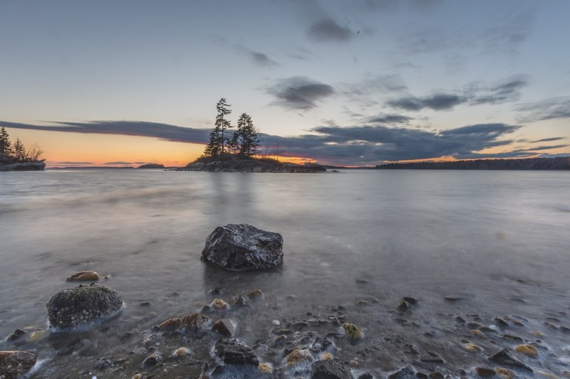 rock lake sunset and stone 4k