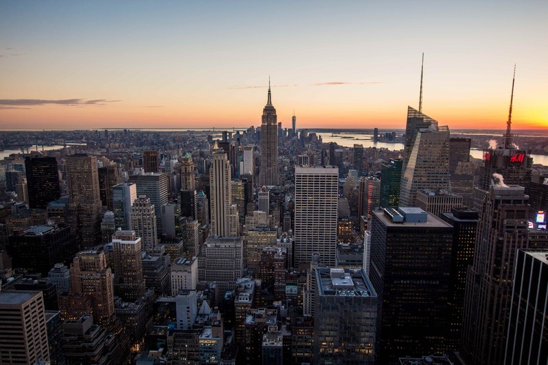 the skyline of manhattan during sunset, new york new york_ 4k