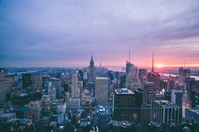 view from the rockefeller center on new york city skyline on an evening, sunset in new york city 4k