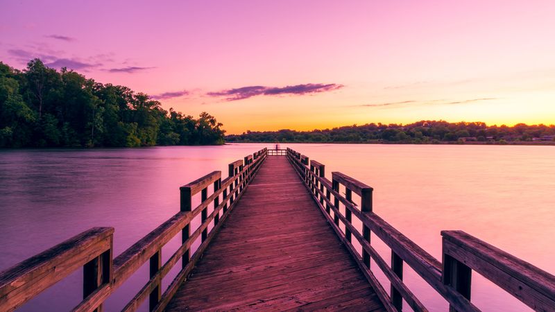 pier, lake, sunset, sky, 4k