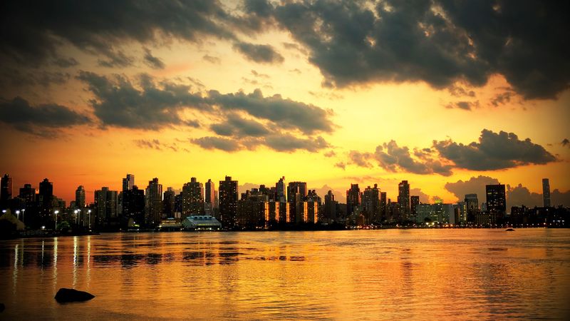 new york, sunset, skyscrapers, ocean, 4k