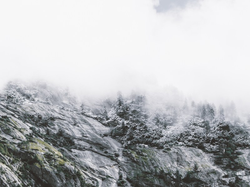 mist rolling across rocky hills and forest slopes of the yosemite valley, misty yosemite valley 4k