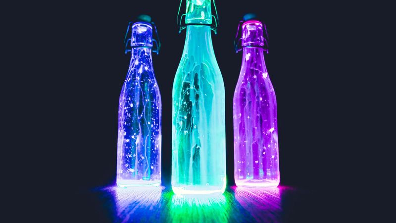 bottles, neon, light, liquid, 4k