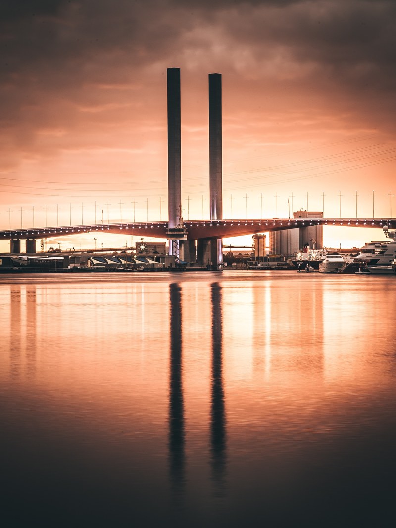 melbournes bolte bridge during a cloudy sunset with vignette effect, sunset sunrise bridge and structure hd, 4k