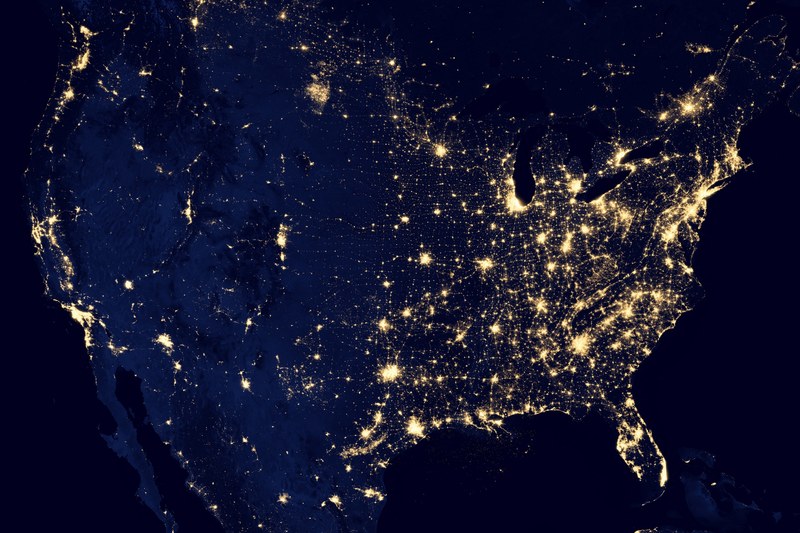 a satellite view of the united states lighting up at night, united states seen from orbit 4k