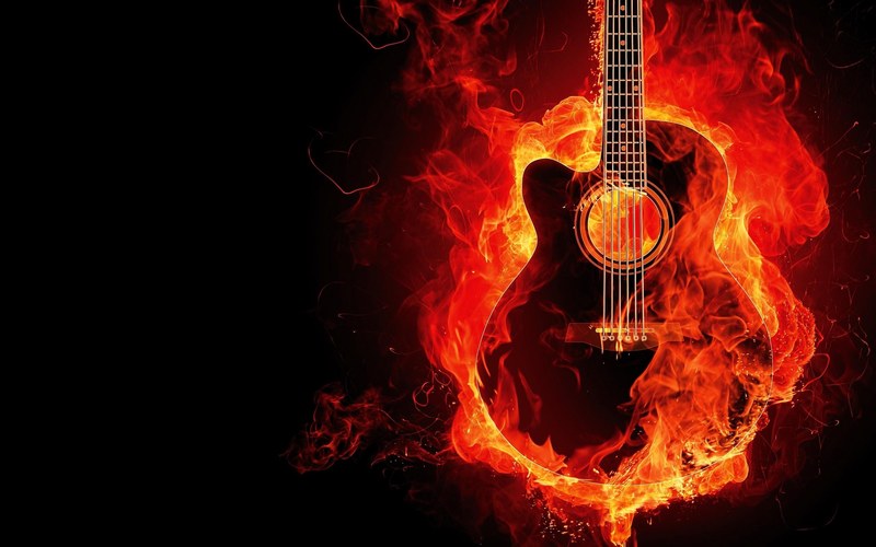 a cutaway acoustic guitar in flames against a black background, guitar on fire 4k