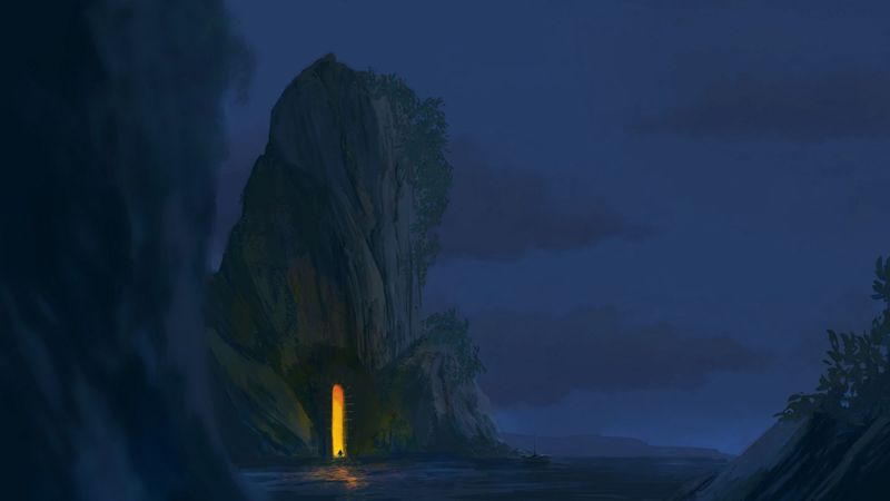 rock, cave, traveler, art, 4k