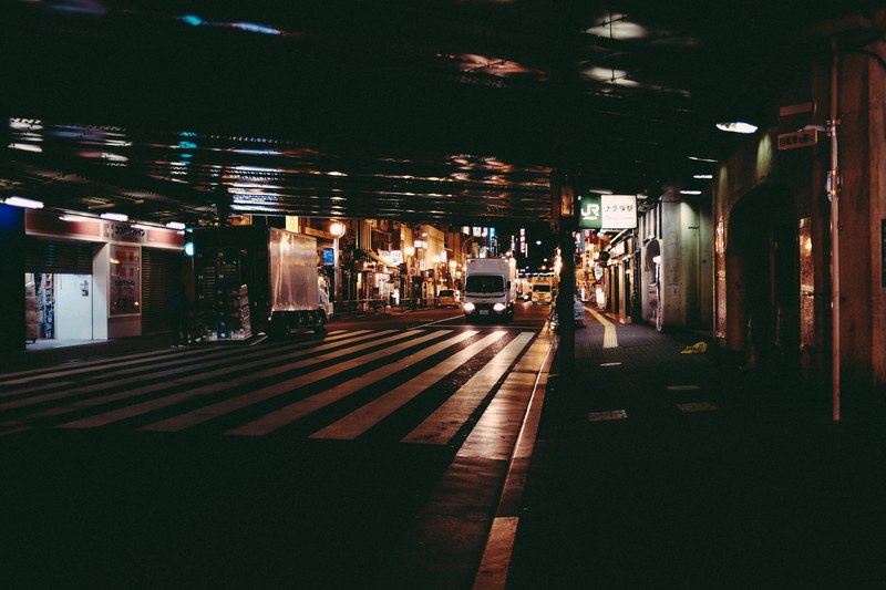 trucks going through a tunnel in front of a pedestrian crossing, late night driving 4k