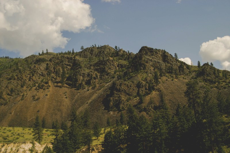 woods on the slopes of a mountain range under fluffy clouds, wooded mountain ridge 4k