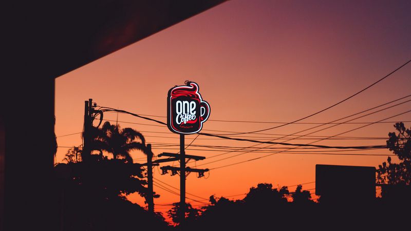 signboard, cafeteria, night, 4k