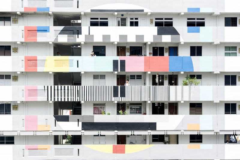 facade of apartment buildings with colorful and striped balconies, colorful striped facade 4k