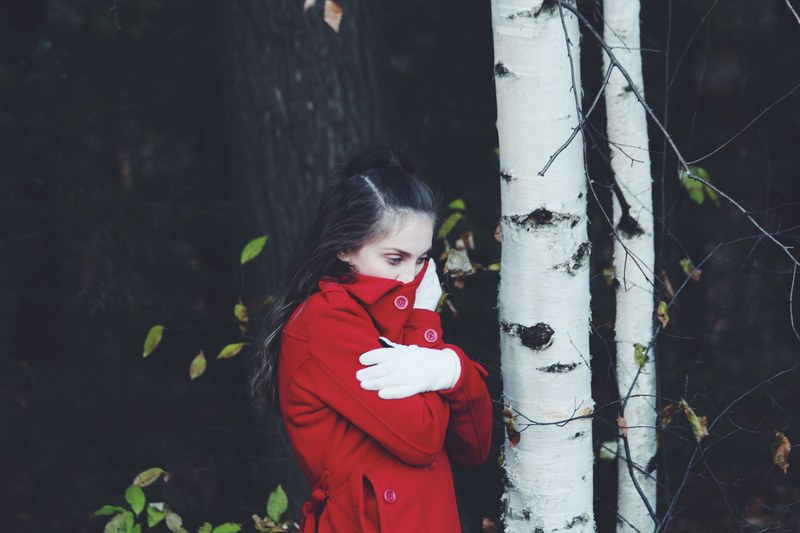 woman female red and coat 4k