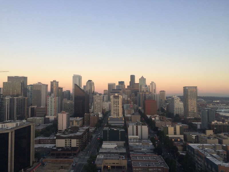 the skyline of downtown seattle during sunset, downtown seattle skyline 4k