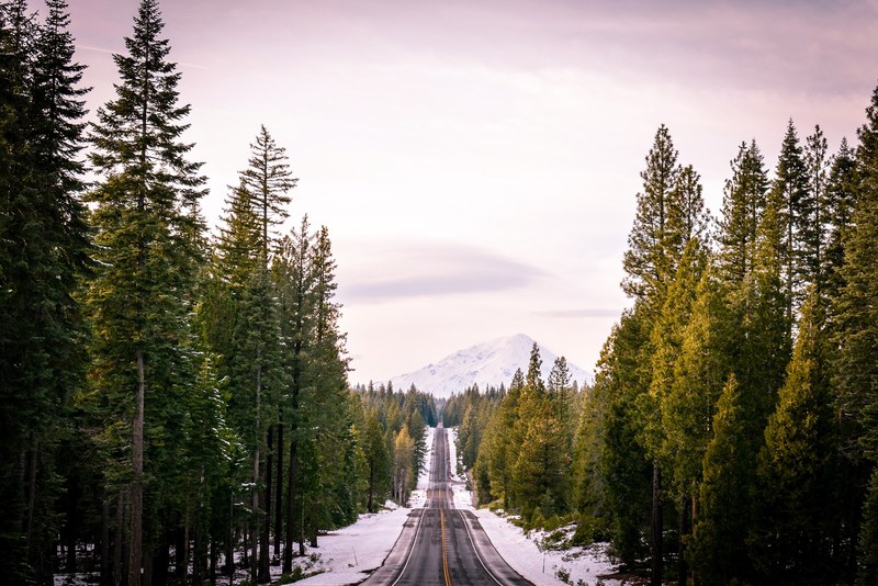 a long road through a snowy forest in the mountains, snowy road through the woods 4k