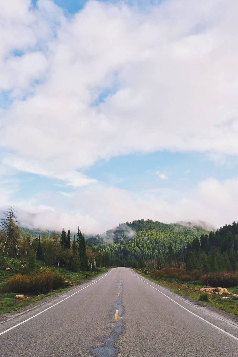 a straight asphalt road into the mountains in beaver mountain ski area, straight mountain road 4k