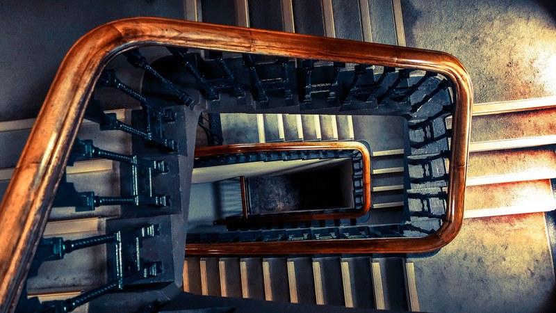 birds eye view falling basement and historical building 4k