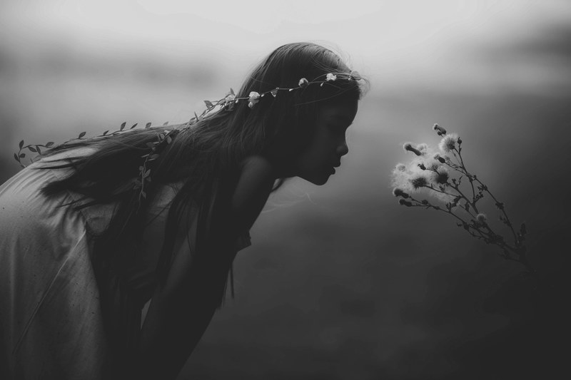 black and white shot of young child with flower tiara blowing dandelion seedlings, young girl blowing flower 4k
