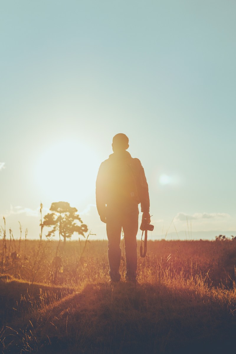 the silhouette of a person holding a camera looking out into a field during golden hour, the only thing left 4k