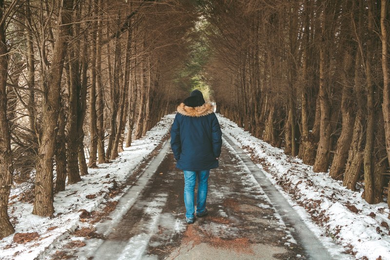 a person walking in a lightly snow covered path covered by trees in vermont, long trail 4k