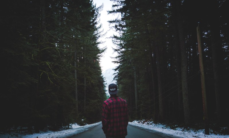 a man in a red plaid shirt with a backwards hat staring down a forest road during winter in squamish british columbia, fading into the wilderness 4k