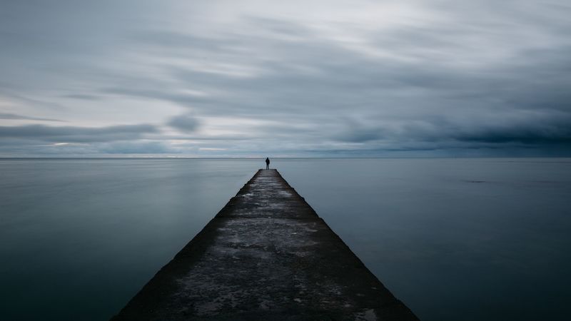 breakwater, pier, man, sea, loneliness, 4k