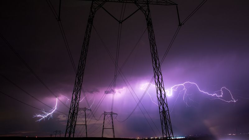 thunderstorm, wires, night, cloudy, sky, 4k