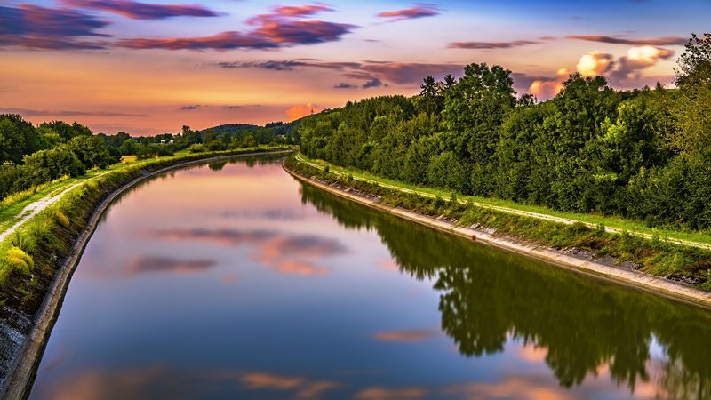 river, trees, turn, sunset, 4k
