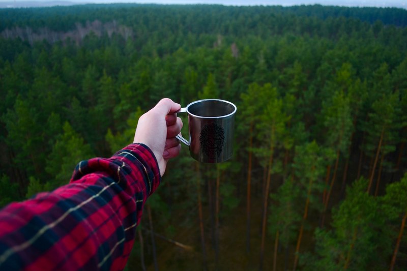 an outstretched arm of a person in a flannel shirt holding a mug with a view on a green forest, steel mug over a forest 4k