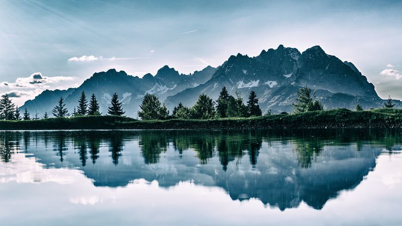 mountains, lake, photoshop, reflection, 4k