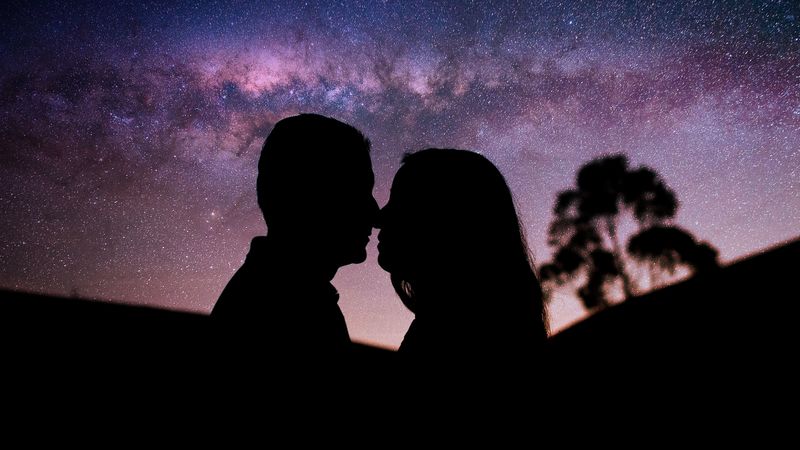 couple, kiss, starry sky, love, tenderness, romance, 4k