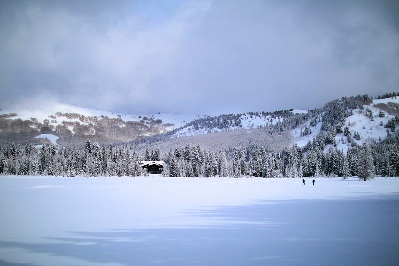 a cottage at the edge of a snowy plain in the mountains, cozy winter scene 4k