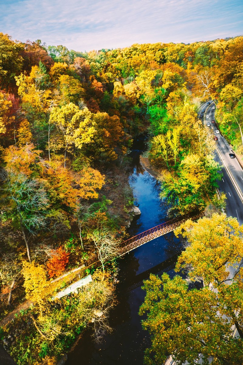 a drone shot of a small bridge over a river in an autumn scenery, scenic river with a bridge 4k