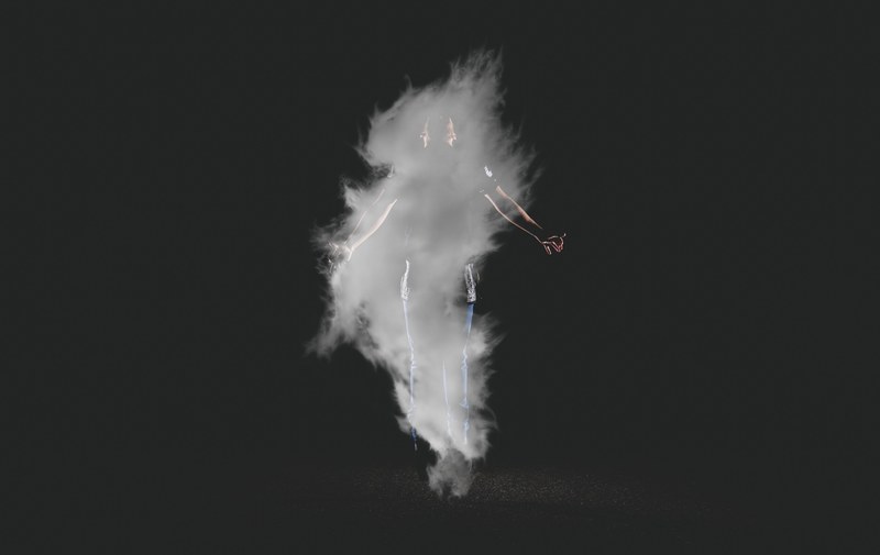 a person floating in a smoke cloud in the sky above mackay, person in smoke cloud 4k