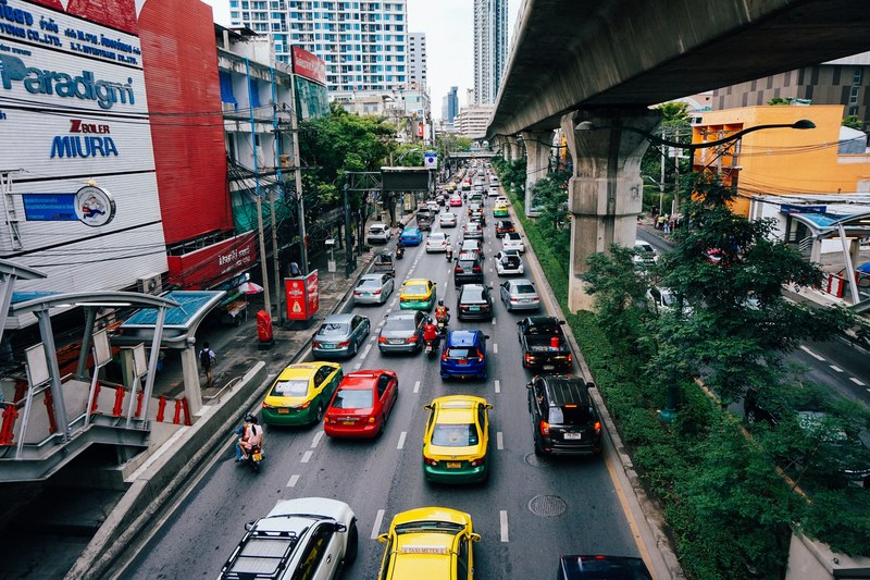 four lane urban busy traffic congestion in bangkok, bangkok traffic 4k