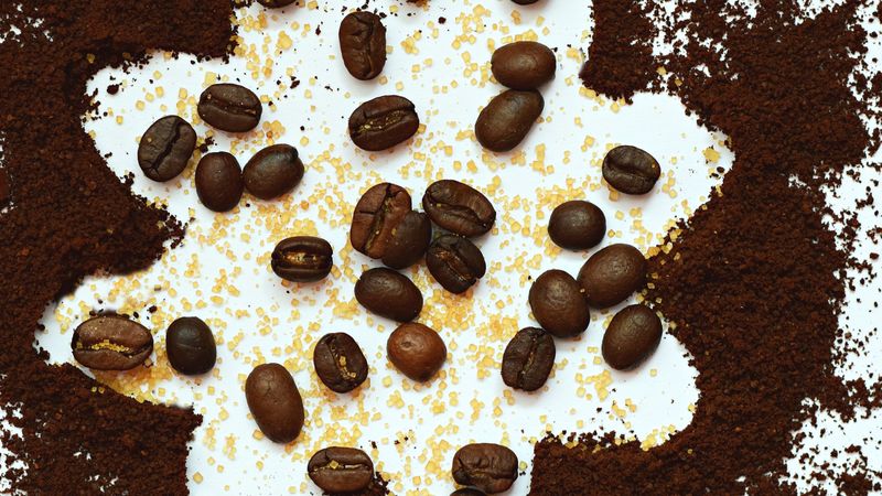 coffee beans, coffee, sugar, surface, 4k